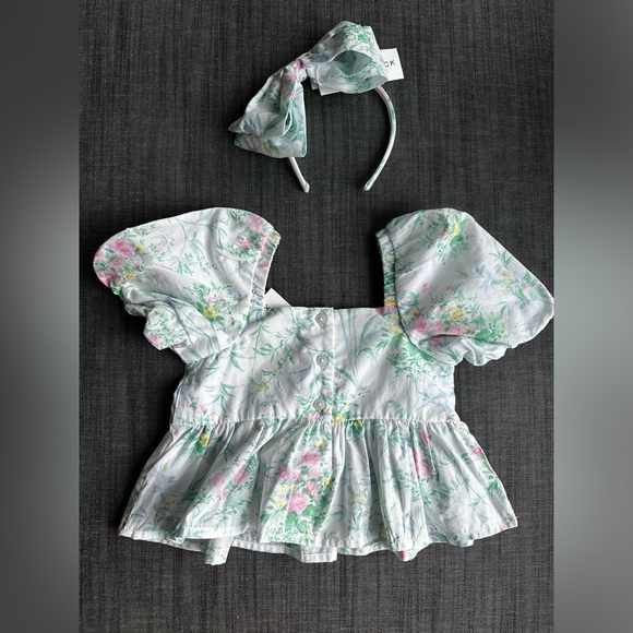 Janie and Jack, Floral Puff Sleeve Top with Matching Headband - Picture 2 of 7